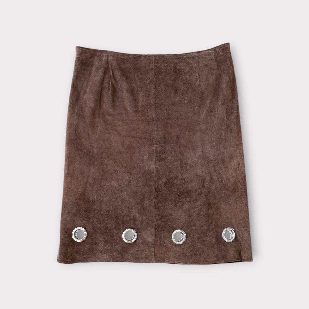 Vintage Sophie Chang Brown Suede Midi Skirt with Grommet Accents 8